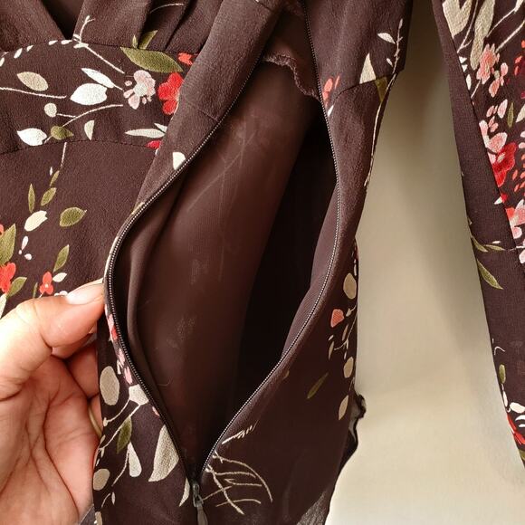 Women 90s Y2K Nature Fairy Goblincore Silk Blouse Top M  Brown Floral Sheer - Picture 5 of 14